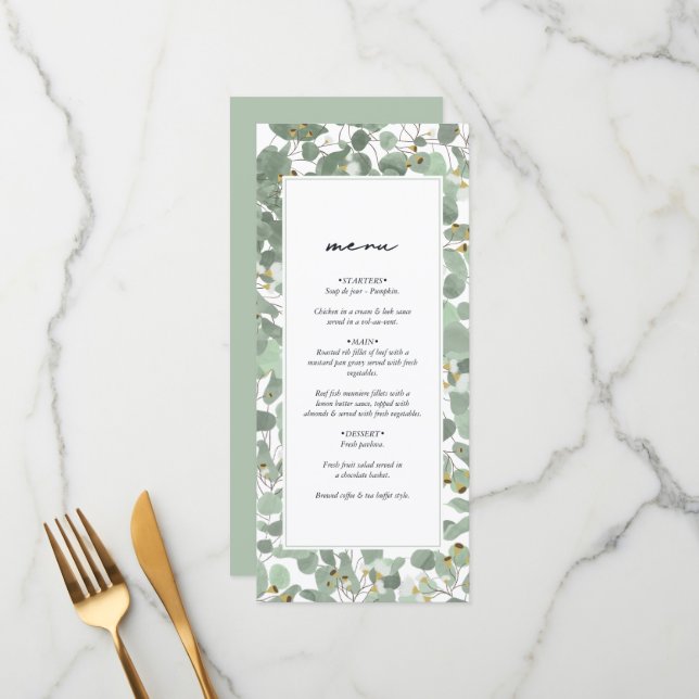 Menu Aquarelle Eucalyptus Mariage de fleurs vertes (Devant/Arrière en situation)