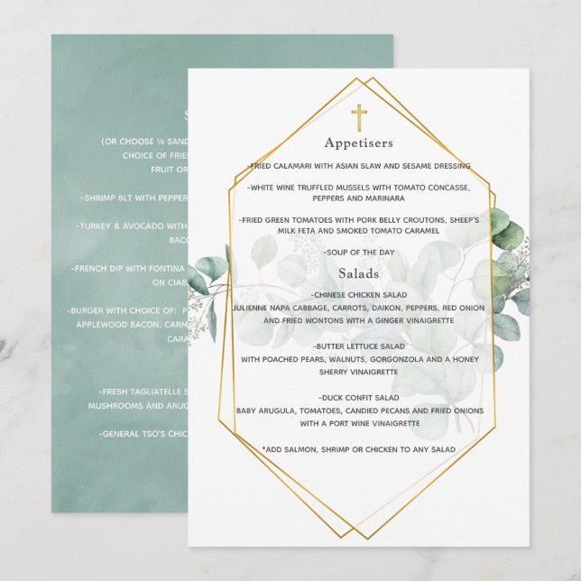 Menu Aquarelle Eucalyptus Réception Baptême géométrique (Devant / Derrière)