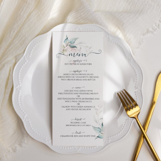 Menu aquarelle eucalyptus vert sauge avec rose (Créateur téléchargé)