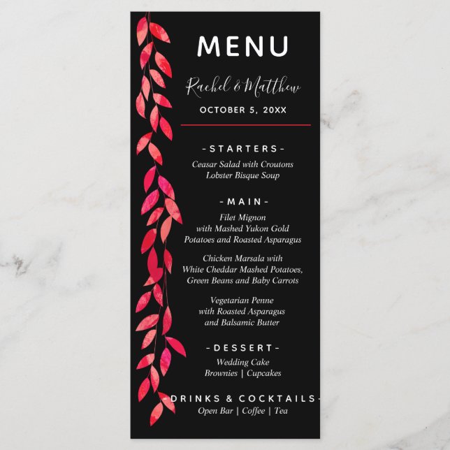 Menu Aquarelle Feuille rose chaud sur Mariage noir (Devant)