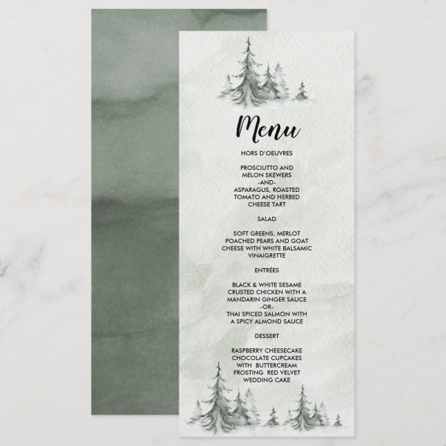 Menu Aquarelle Fir Trees Mariage d'hiver (Devant / Derrière)