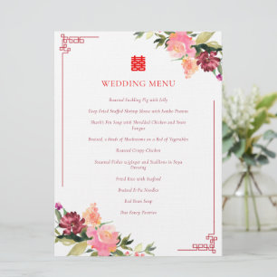 Menu Aquarelle fleur double xi cadre mariage chinois
