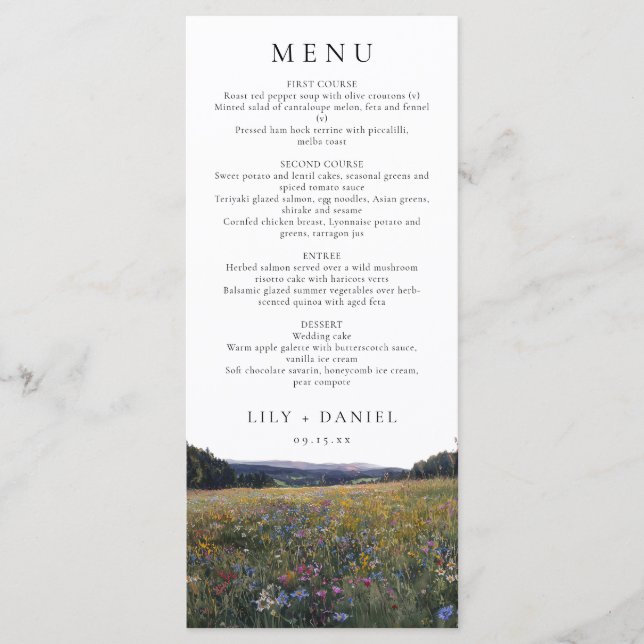 Menu Aquarelle Fleurs de champ Mariage floral Prairie (Devant)