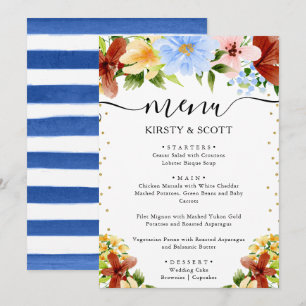 Menu Aquarelle Fleurs Rouges, Jaunes & Bleues Mariage