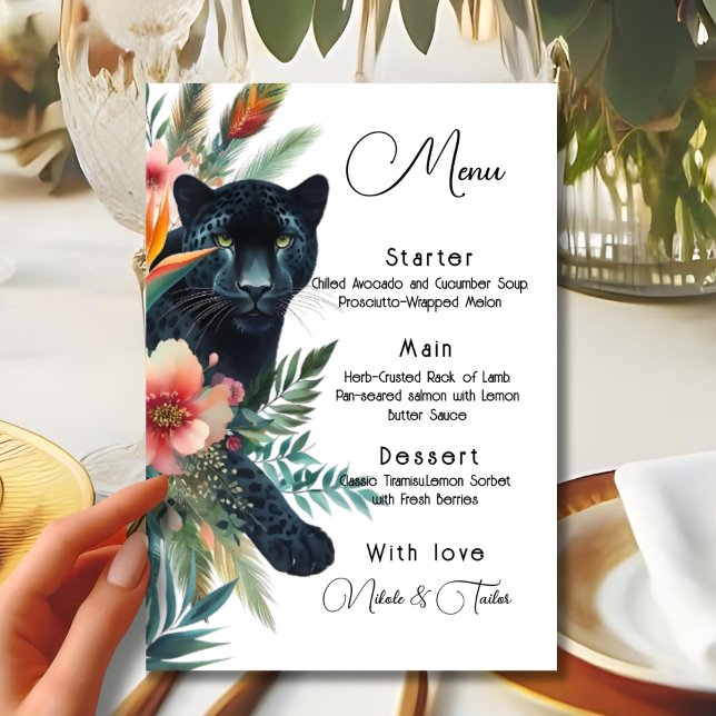 Menu Aquarelle Fleurs Tropicales Et Jaguar (Créateur téléchargé)