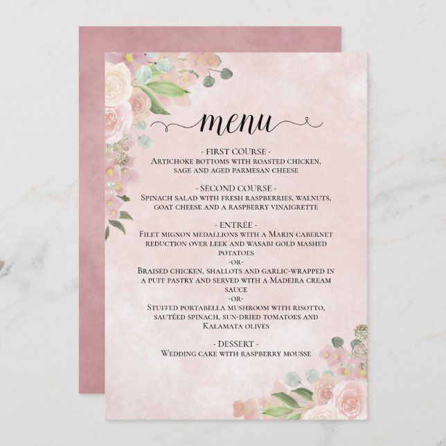 Menu Aquarelle Floral Blush Rose & Mauve Mariage (Devant / Derrière)