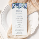 Menu Aquarelle Floral Dusty Mariage bleu<br><div class="desc">Une belle carte mariage avec une bordure fleurie de fleurs d'aquarelle dans les tons bleus. Le mot "Menu" et les noms de la mariée et du marié apparaissent dans la police serif bleu poussiéreux, avec le menu en gris fusain. Le dos de la carte est assorti à une teinte bleu...</div>