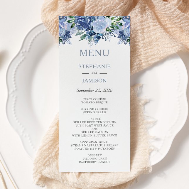 Menu Aquarelle Floral Dusty Mariage bleu (Créateur téléchargé)