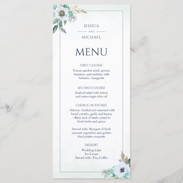 Menu Aquarelle Floral Élégant Mariage de bouquet d'aném (Devant)