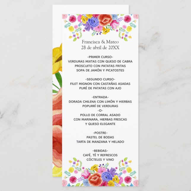 Menu Aquarelle Floral espagnol Mariage Fiesta (Devant / Derrière)