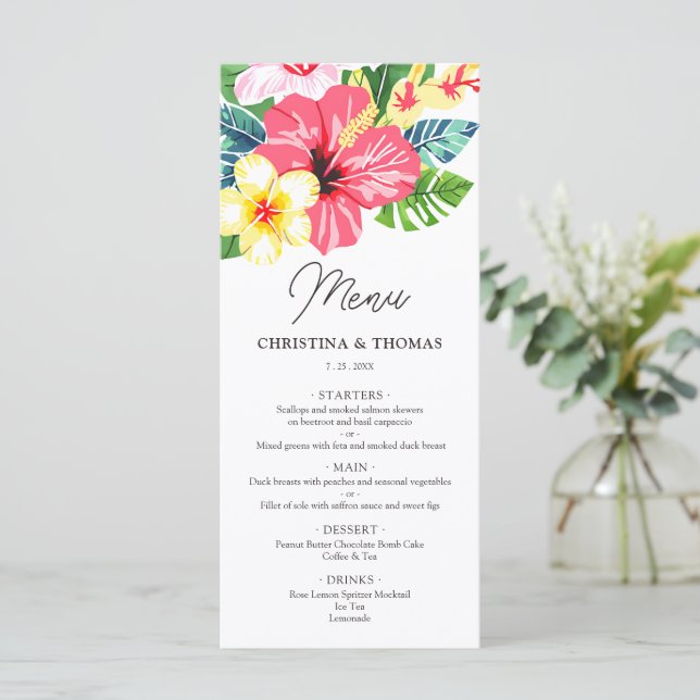 Menu Aquarelle Floral Hibiscus Mariage tropical (Debout devant)