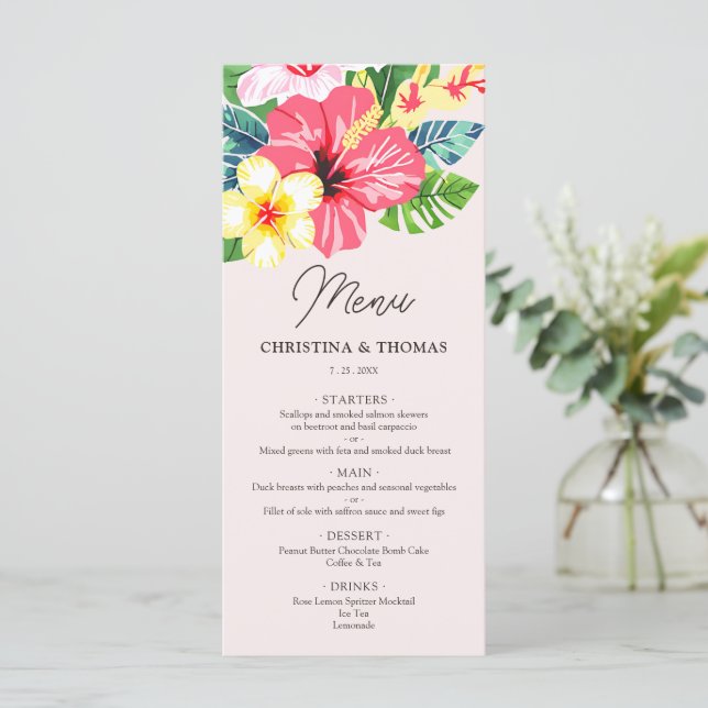 Menu Aquarelle Floral Hibiscus Tropical Blush Mariage (Debout devant)
