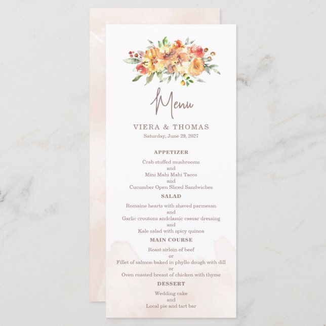 Menu Aquarelle Floral Mariage (Devant / Derrière)
