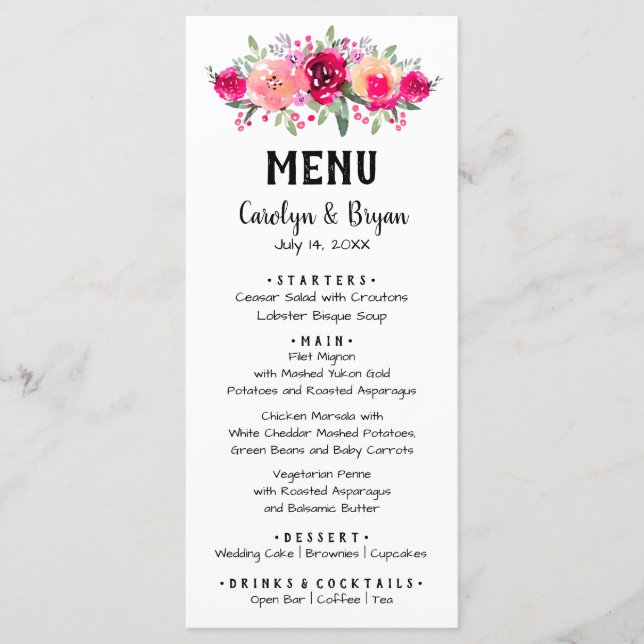 Menu Aquarelle Floral Mariage (Devant)