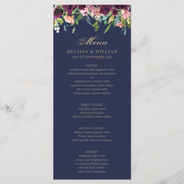 Menu Aquarelle Floral Marine Mariage (Devant)
