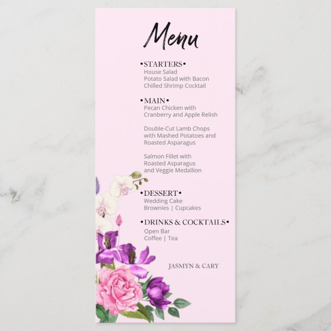 Menu Aquarelle Floral Rose Violet Gras Moderne (Devant)