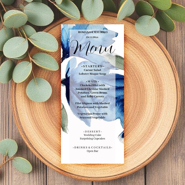 Menu Aquarelle florale bleu artistique peinte à la main (Créateur téléchargé)