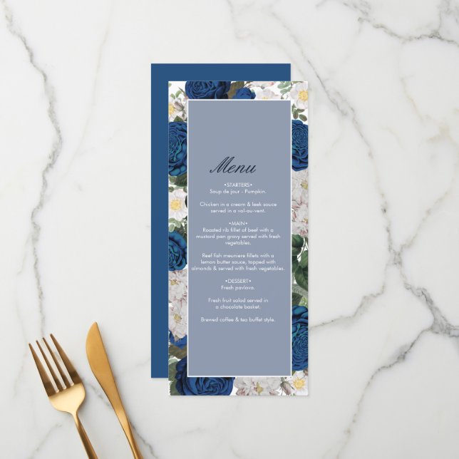 Menu Aquarelle Florale Bleue Moderne Mariage élégant (Devant/Arrière en situation)