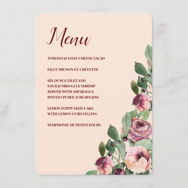 Menu Aquarelle florale de Bourgogne et de Pêche (Devant)