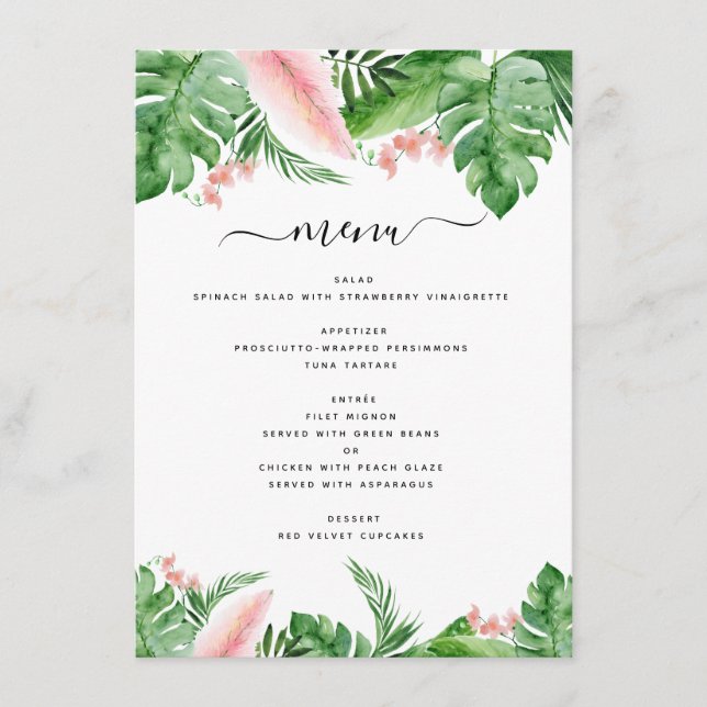 Menu Aquarelle florale de palme tropicale Mariage rose  (Devant)