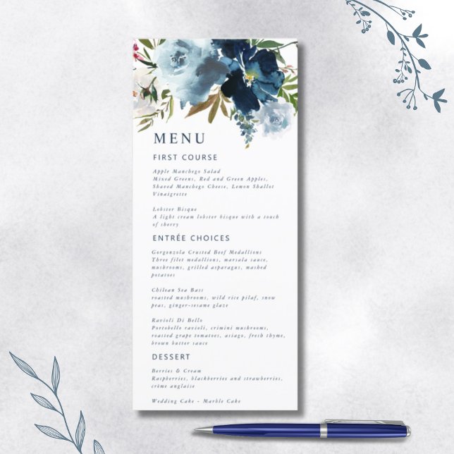 Menu Aquarelle florale élégante marine et bleu poussiér (Créateur téléchargé)
