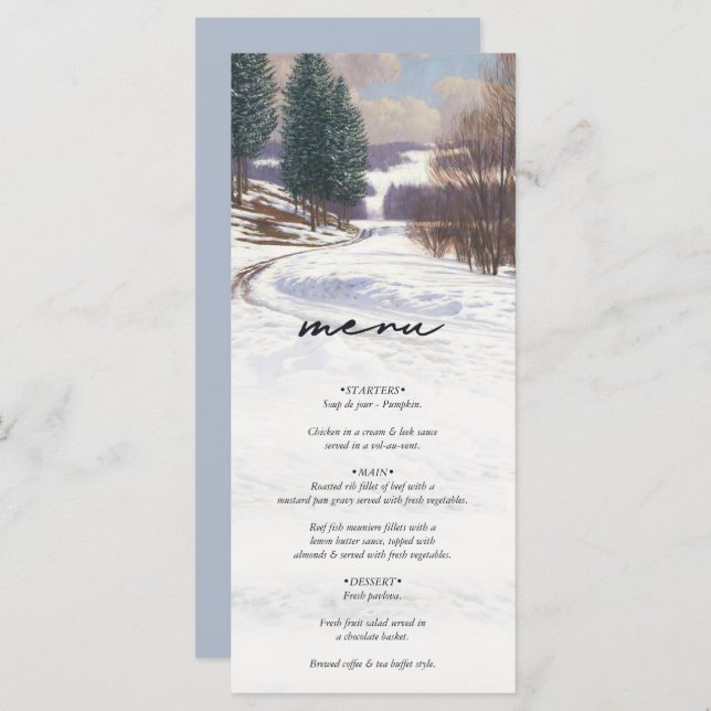 Menu Aquarelle Hiver Mariage paysage neige (Devant / Derrière)