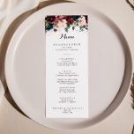 Menu Aquarelle Illustré Automne Dîner Floral<br><div class="desc">Cette carte de menu à l'aquarelle illustrée automne fleurie est parfaite pour un simple mariage. Le design est composé d'une aquarelle artistique peinte à la main bleu marine, bordeaux, rouge, roses roux et pivoines avec d'élégants feuilles verts, inspirant la beauté idyllique colorée de l'automne. Ce menu peut être utilisé pour...</div>