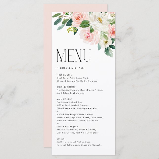 Menu Aquarelle Jolie Fleurs de Jardin Mariage de printe (Devant / Derrière)
