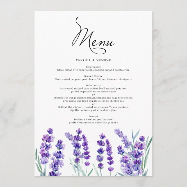 Menu Aquarelle Lavande Fleurs Printemps Mariage (Devant)