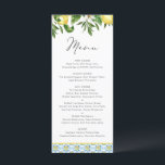 Menu Aquarelle Lemon Motif méditerranéen Mariage<br><div class="desc">Carte de menu citron mariage. Il est composé d'aquarelle de citron et de verdure. Personnalisez en ajoutant la date et le choix du repas. Cette carte à la carte méditerranéenne est parfaite pour les mariages d'été,  les baby showers,  les douches nuptiales,  les anniversaires,  et bien plus encore.</div>