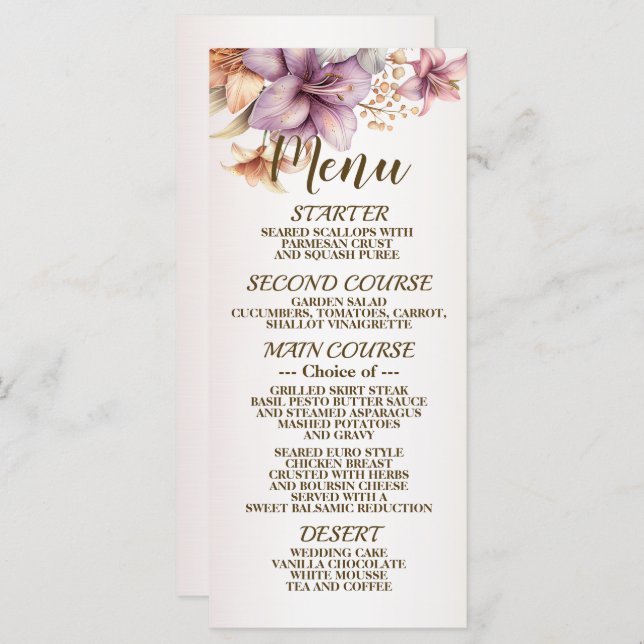 Menu Aquarelle mariage Boho Rose Fleurs Élégantes (Devant / Derrière)