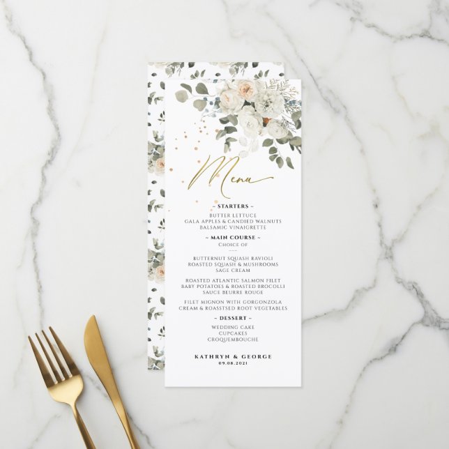 Menu Aquarelle mariage botanique floral pâle verdure (Devant/Arrière en situation)