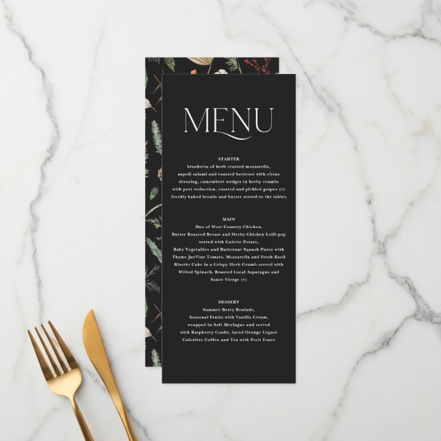 Menu aquarelle mariage botanique florale noir moody (Devant/Arrière en situation)