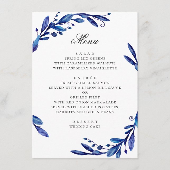 Menu Aquarelle mariage hivernal à feuillage floral bleu (Devant)