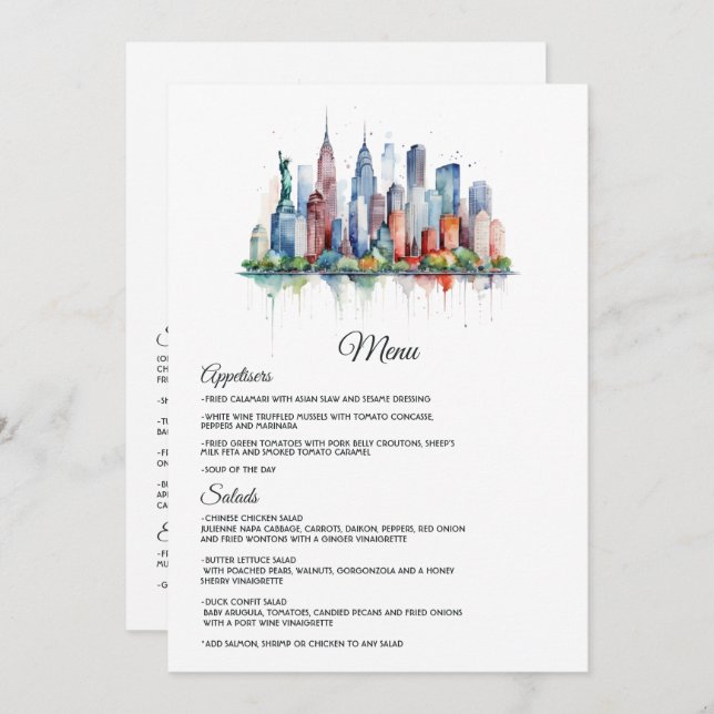 Menu Aquarelle Mariage New York (Devant / Derrière)