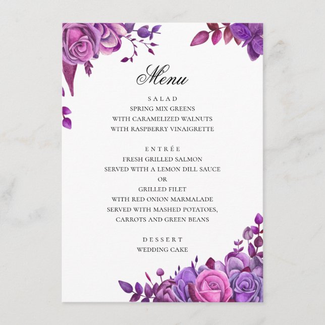 Menu Aquarelle mariage violet. Romantique lavande (Devant)