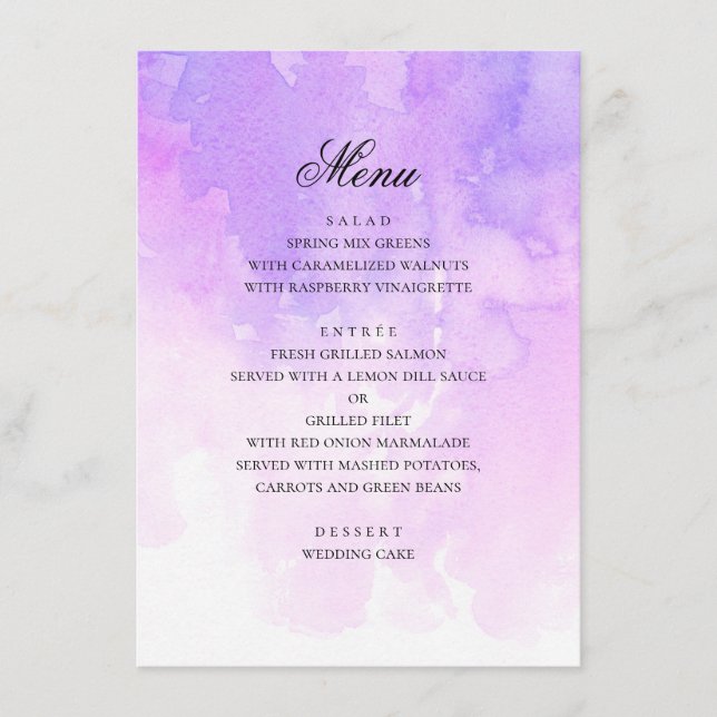 Menu Aquarelle mariage violet. Romantique lavande (Devant)