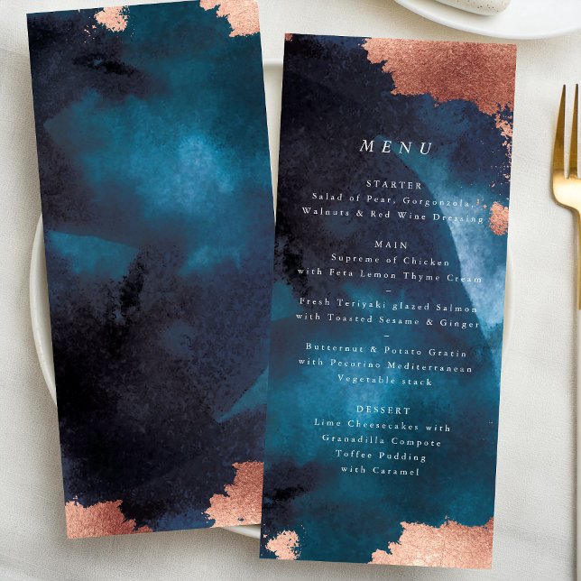 Menu Aquarelle Marine Blue Moody Rose Mariage or (Créateur téléchargé)
