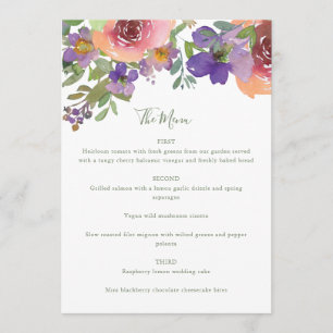 Menu Aquarelle minimaliste violet orange Mariage floral