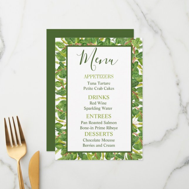 Menu Aquarelle moderne Mariage vert (Devant/Arrière en situation)