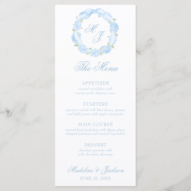 Menu Aquarelle Monogramme bleu Hydrangea Mariage de cou (Devant)