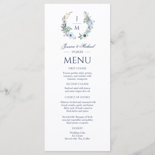 Menu Aquarelle Monogramme Floral Mariage (Devant)
