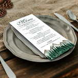 Menu Aquarelle Montagnes & Pine Élégant Mariage rustiqu<br><div class="desc">Ce menu mariage est simple,  rustique et élégant. Il dispose d'un titre de calligraphie script sophistiqué avec des montagnes aquarelles et des pins. Le dos est une couleur verte de forêt marbrée profonde. Parfait pour une réception extérieure.</div>