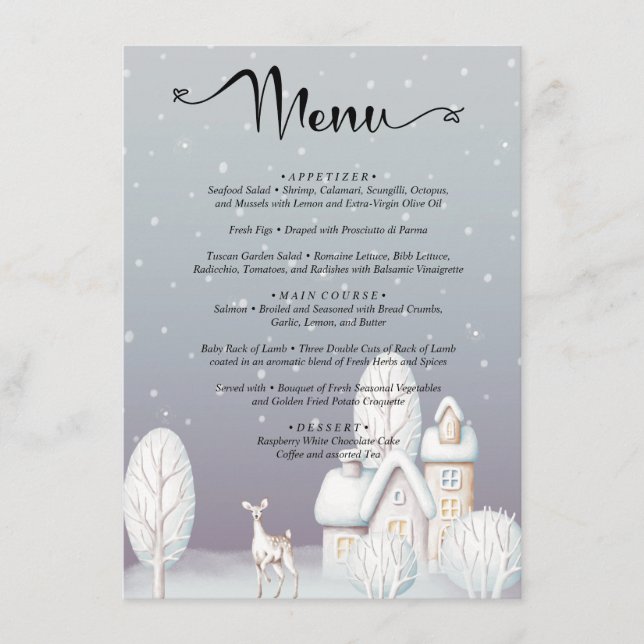 Menu aquarelle neige Maison baby shower (Devant)