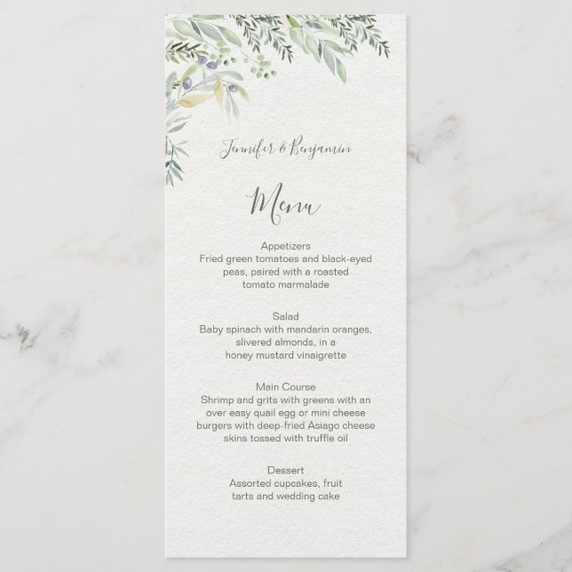 Menu Aquarelle Oliviers et Branches d'olive Mariage | (Devant)