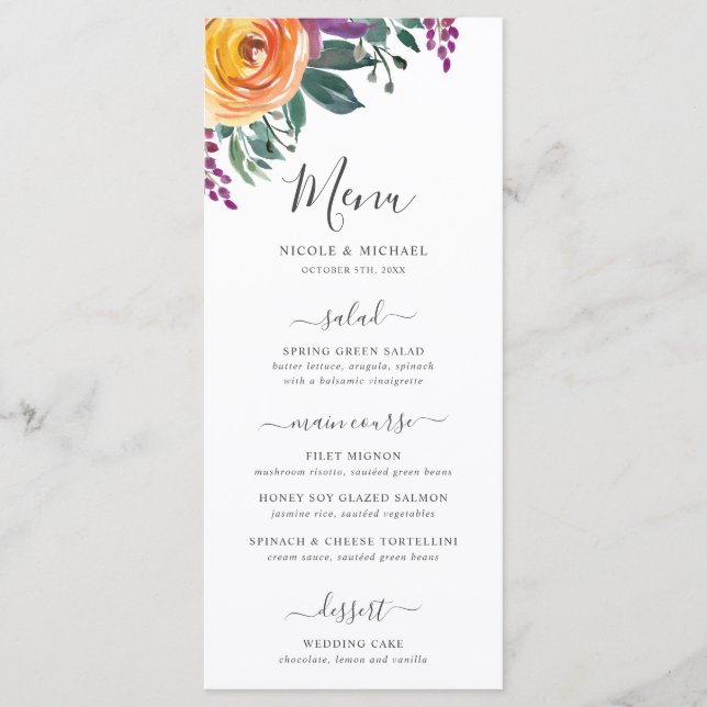 Menu Aquarelle orange violet Mariage floral (Devant)