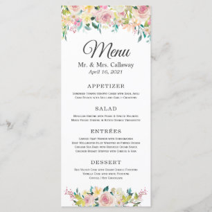 Menu Aquarelle Pastel Blush Chic Floral Mariage