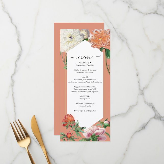 Menu Aquarelle Peach Pink Peonies Mariage (Devant/Arrière en situation)