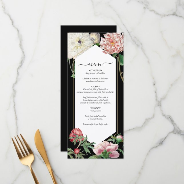 Menu Aquarelle Peonies rose Fleurs Mariage Noir (Devant/Arrière en situation)