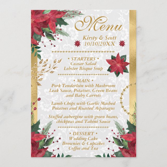 Menu Aquarelle Poinsettia Noël Mariage d'hiver (Devant)
